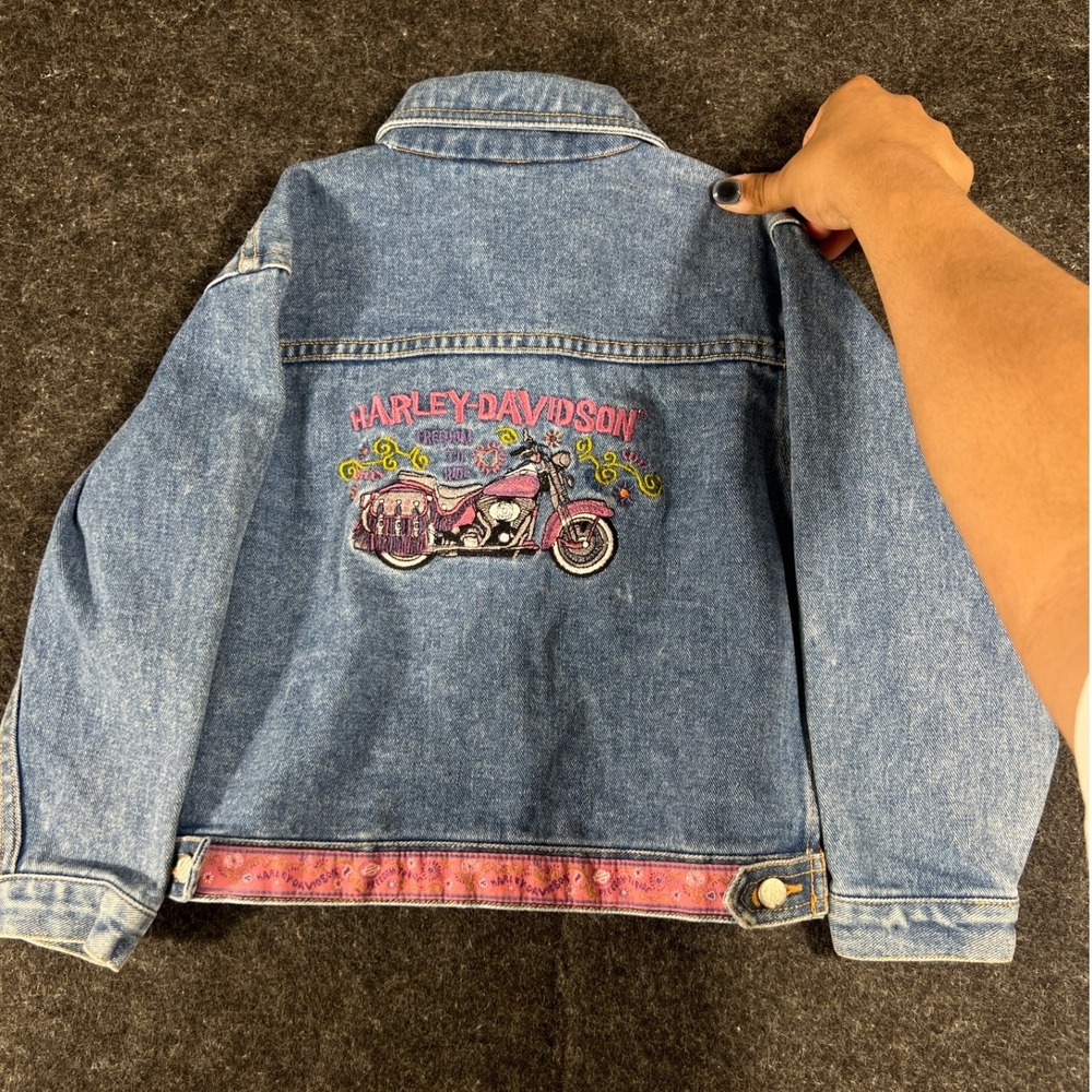 Harley Davidson Denim Jacket Girls 6X Blue Embroidered Motorcycle Trucker Biker